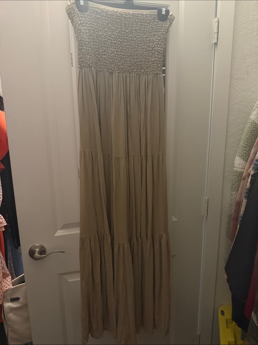 Michael Kors Taupe Smocked Strapless Maxi Dress